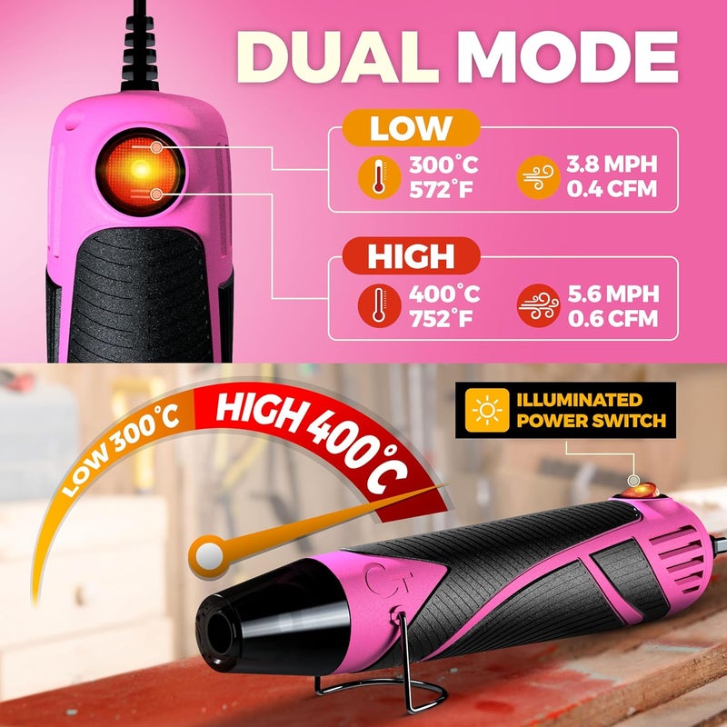 Chandler Tool Heat Gun for Crafting, Mini Dual Temp Hot Air Gun Tool for Epoxy Resin, Shrink Wrapping, Vinyl Wrap, Embossing, Electronics, Candle Making, Sublimation, Phone Repair & DIY (Pink/Black) - Image 5